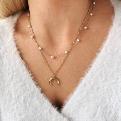 Naszyjnik księżyc perły POZŁACANA STAL podwójny  