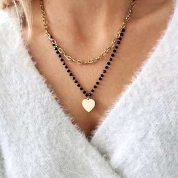 Naszyjnik serduszko czarne koraliki STAL CHIRURGICZNA podwójny złoty 