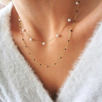 Naszyjnik czarne koraliki i perły POZŁACANA STAL podwójny 