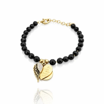 Bransoletka serce skrzydła czarne koraliki POZLACANA STAL CHIRURGICZNA PREMIUM  