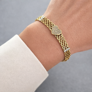 Złota bransoletka MESH ze STALI  CHIRURGICZNEJ serce kryształy Blueberry 