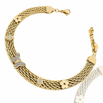 Złota bransoletka MESH ze STALI  CHIRURGICZNEJ motyl kryształy Blueberry  