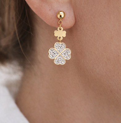 Kolczyki ze STALI CHIRURGICZNEJ koniczynki wiszące kryształki kolor złoty 