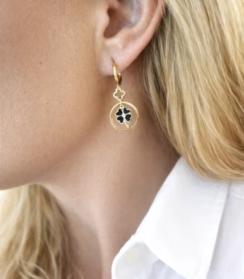 Kolczyki ze STALI CHIRURGICZNEJ koniczynki czarne wiszące kryształki kolor złoty  