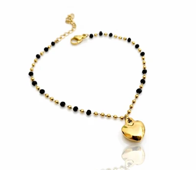 Bransoletka czarne koraliki z serduszkiem ze STALI CHIRURGICZNEJ  