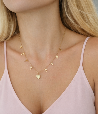  Złoty naszyjnik serce krzyżyki POZŁACANA STAL