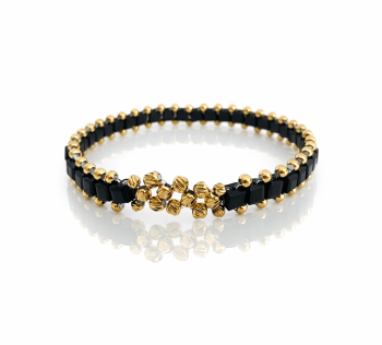 Złota bransoletka kulki  czarne kryształki POZŁACANA STAL