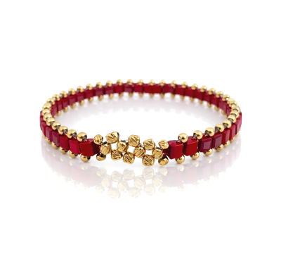 Złota bransoletka kulki  czerwone kryształki POZŁACANA STAL