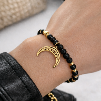 Bransoletka księżyc lunula onyksy ze STALI CHIRURGICZNEJ złota  