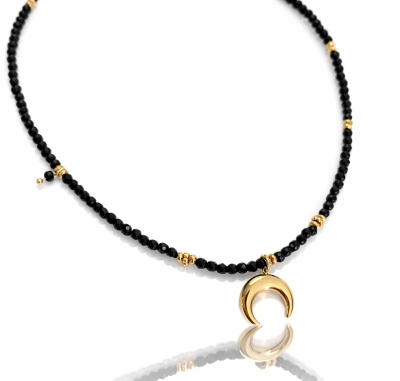 Złoty naszyjnik z lunulą czarne koraliki POZŁACANA STAL 