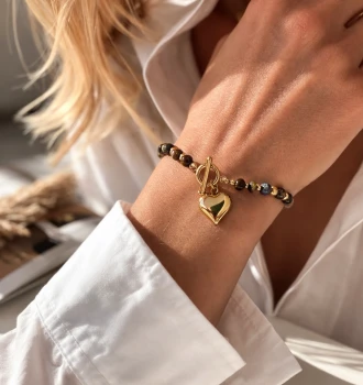 Złota bransoletka z sercem tygrysie oko POZŁACANA STAL