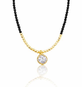 Naszyjnik STAL CHIRURGICZNA kryształowa zawieszka czarne koraliki kolor złoty 