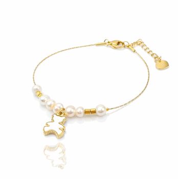 Bransoletka STAL CHIRURGICZNA perły hodowlane złoty miś 