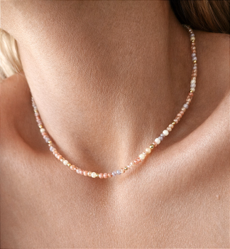 Naszyjnik choker pudrowe kolorowe koraliki kryształy ze STALI CHIRURGICZNEJ złoty