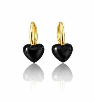 Złote kolczyki serduszka czarna emalia POZŁACANA STAL