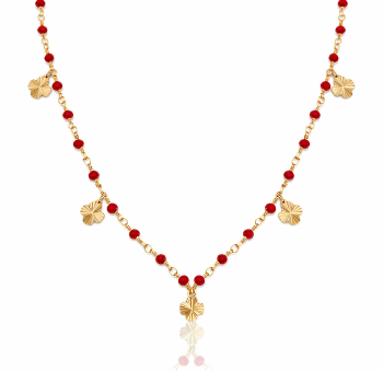 Naszyjnik ze STALI CHIRURGICZNEJ koniczynki czerwone koraliki Premium 
