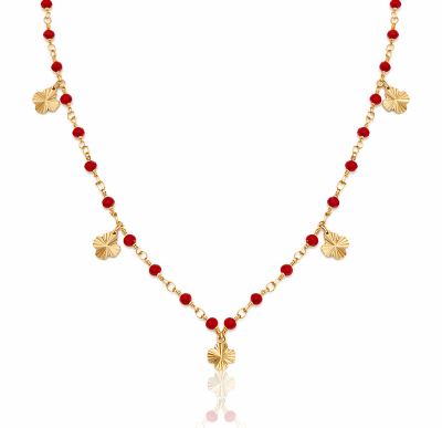 Naszyjnik ze STALI CHIRURGICZNEJ koniczynki czerwone koraliki Premium 