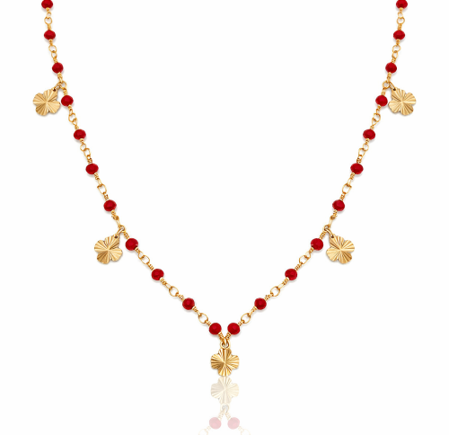 Naszyjnik ze STALI CHIRURGICZNEJ koniczynki czerwone koraliki Premium