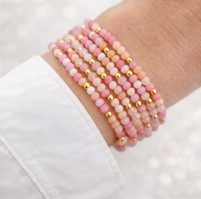 Bransoletka różowe kryształy kamienie koraliki POZŁACANA STAL