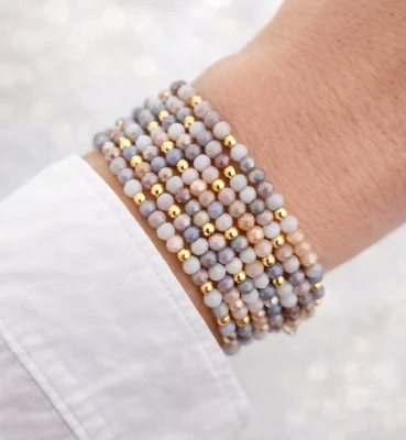 Bransoletka beżowe kryształy kamienie koraliki POZŁACANA STAL