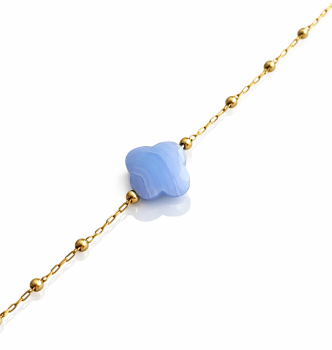 Bransoletka koniczynka agat niebieski złote kuleczki 