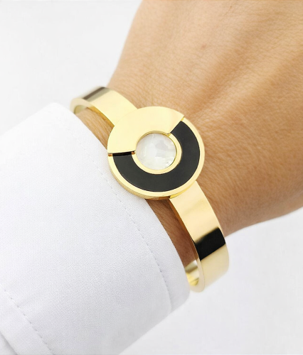 Złota bransoletka obręcz czarna masa perłowa STAL SZLACHETNA