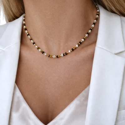 Naszyjnik tygrysie oko STAL POZŁACANA 