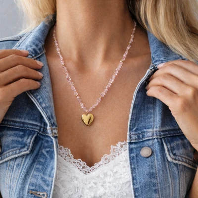 Naszyjnik serce różowe kryształy POZŁACANA STAL