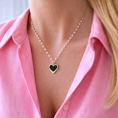 Naszyjnik serce  czarne z perłami POZŁACANA STAL