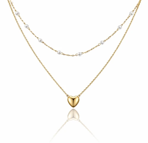 Naszyjnik serce perły podwójny POZŁACANA STAL