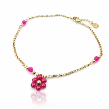 Bransoletka na nogę  ze STALI CHIRURGICZNEJ kwiatuszek różowe kryształki kolor złoty  