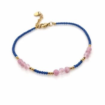 Bransoletka kwarc różowy niebieskie kryształki STAL POZŁACANA