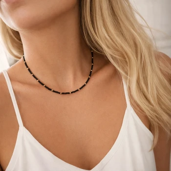 Naszyjnik choker czarne koraliki STAL POZŁACANA 