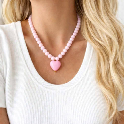 Naszyjnik serce różowe kule POZŁACANA STAL