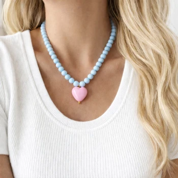 Naszyjnik serce różowe kule niebieskie POZŁACANA STAL  