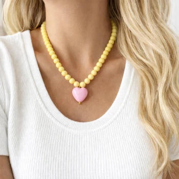 Naszyjnik serce różowe kule żółte POZŁACANA STAL  