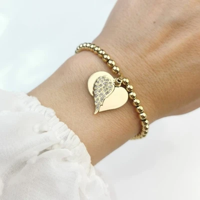 Bransoletka serce skrzydła kulki STAL CHIRURGICZNA złota Premium 