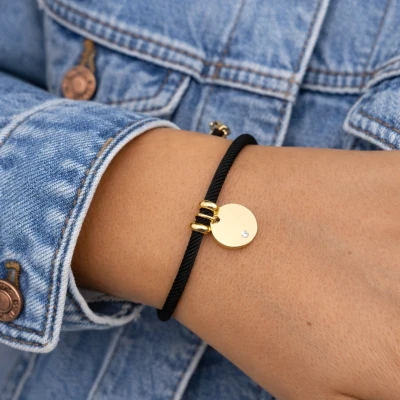  Bransoletka STAL CHIRURGICZNA monetka czarny sznurek zaciągana