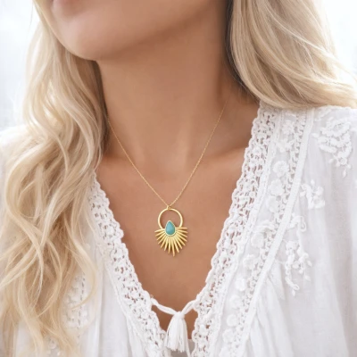 Naszyjnik złote promienie turkusowa łezka POZŁACANA STAL  