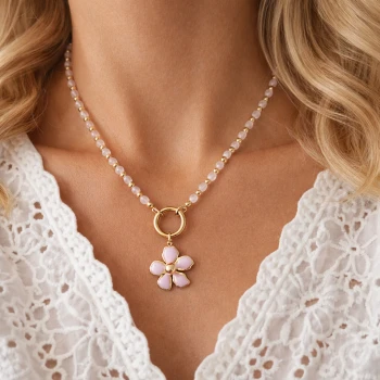 Naszyjnik kamienie kwarc różowy kwiat POZŁACANA STAL