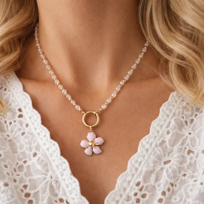 Naszyjnik kamienie kwarc różowy kwiat POZŁACANA STAL