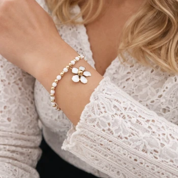 Bransoletka kamienie biały koral kwiat POZŁACANA STAL