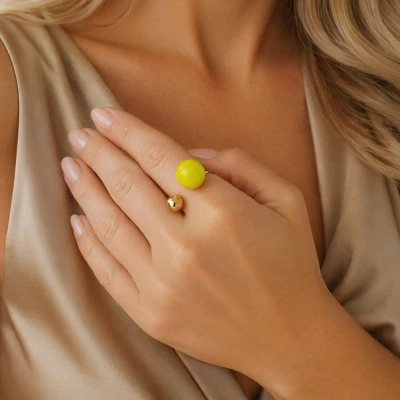 Pierścionek kule limonkowa emalia POZŁACANA STAL  