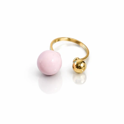 Pierścionek kule pudrowa emalia POZŁACANA STAL   