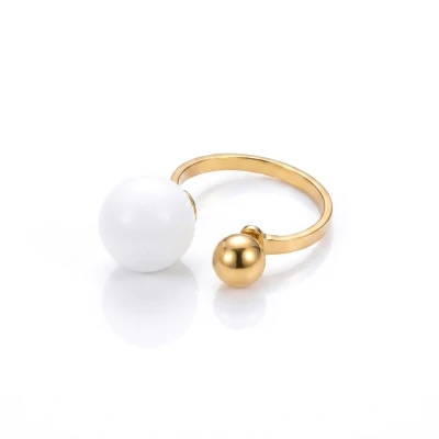 Pierścionek kule biała emalia POZŁACANA STAL