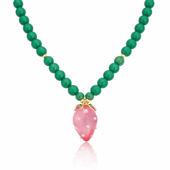 Naszyjnik truskawka zielone koraliki POZŁACANA STAL