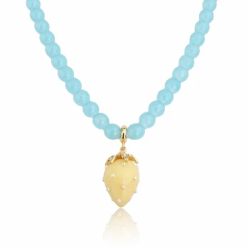Naszyjnik truskawka niebieskie koraliki POZŁACANA STAL 