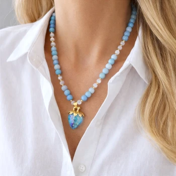 Naszyjnik niebieskie agaty truskawka STAL SZLACHETNA