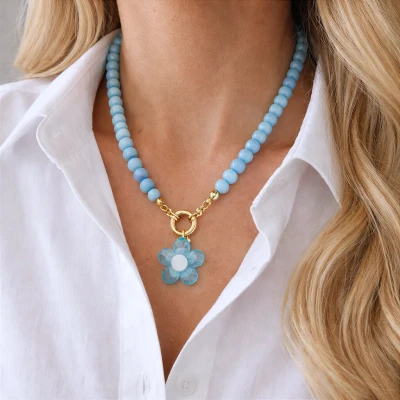 Naszyjnik niebieskie agaty kwiatuszek STAL SZLACHETNA 