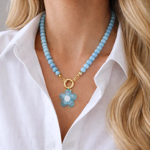 Naszyjnik niebieskie agaty kwiatuszek STAL SZLACHETNA